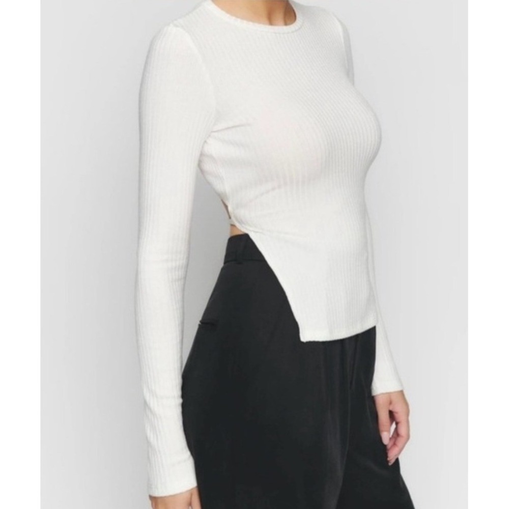 Reformation Ribbed Knit Junia Long Sleeve Boat Neck Top Cream Women's Medium
